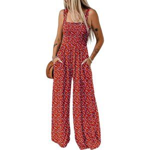 Women Red Casual Loose Overalls Jumpsuits One Piece Sleeveless Printed Pant